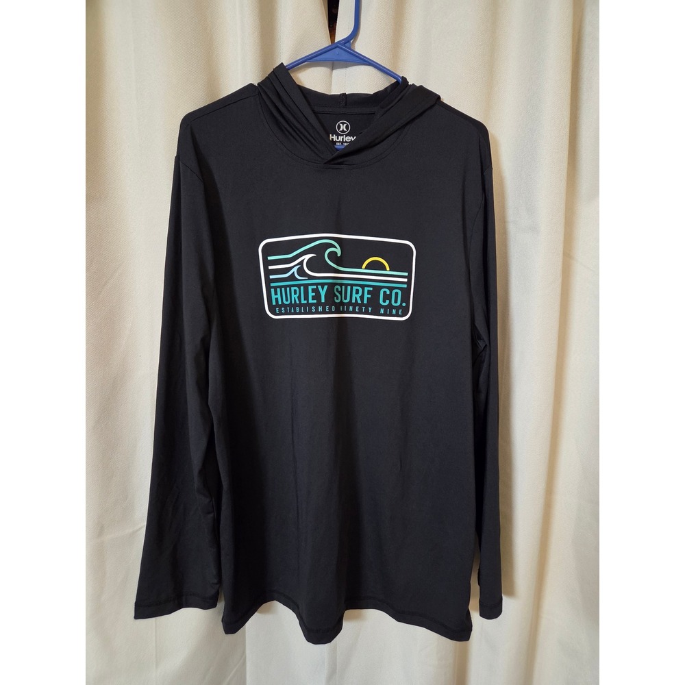 Hurley Surf Co Mens Black Hooded Long Sleeve Graphic Sun Shirt Large L